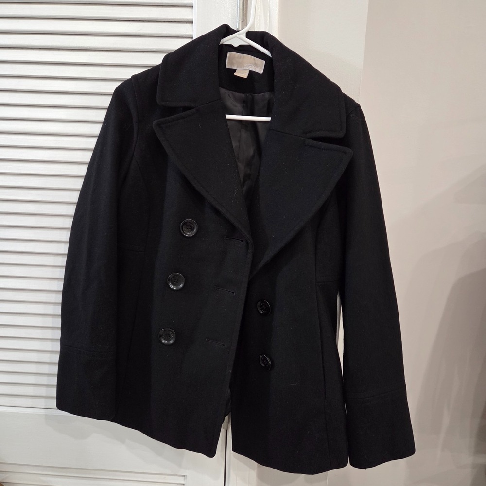 Michael Kors Women's Black Double-Breasted Pea Coat Lined Mid-Length Size S